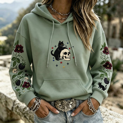 Cardydony Women's Witchy Patriotic Black Cat Skull Floral Graphic Print Hoodie