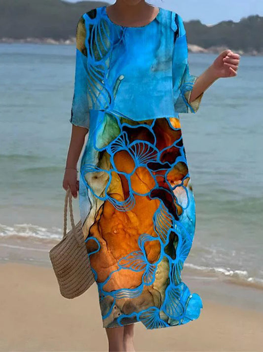 Cardydony Vintage Watercolor Floral Art Pattern Linen Blend Loose Three-quarter Sleeve Dress