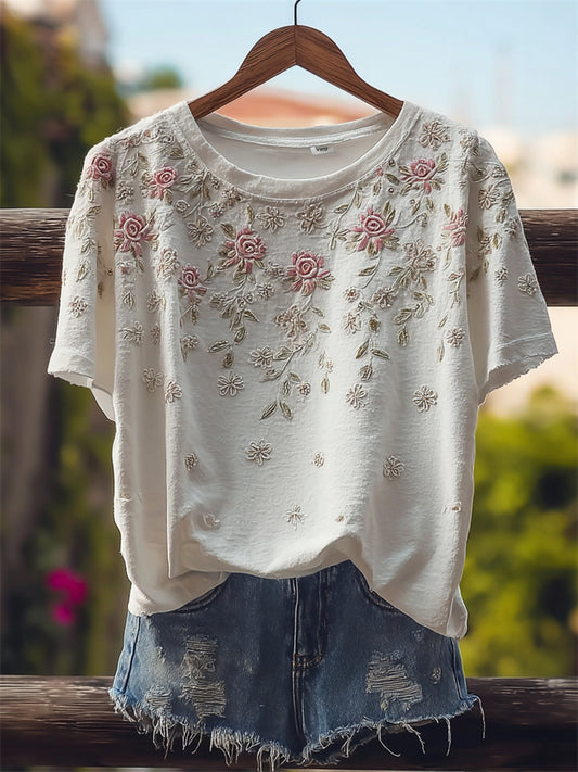 Cardydony Cottagecore Pink Roses Floral Comfy T Shirt