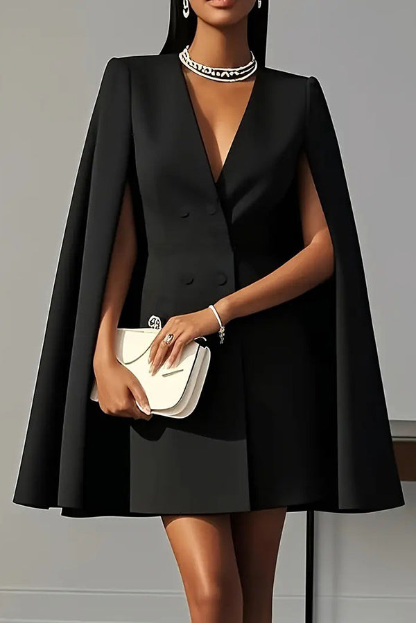 Cardydony Women's Solid Color V-Neck Double Breasted Cape Formal Mini Dress