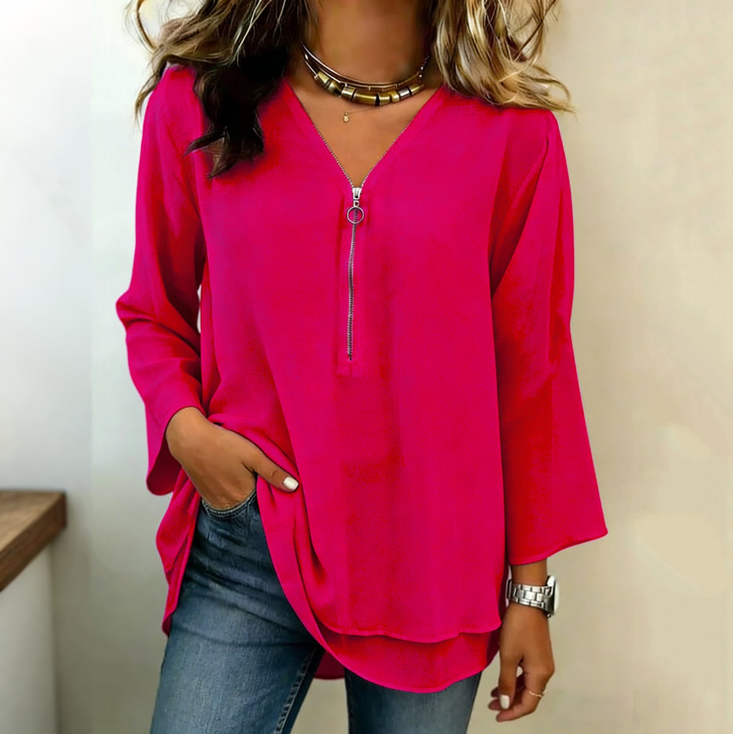 Cardydony Women's Casual Double Layer Design Three-quarter Sleeve Zipper Chiffon Top