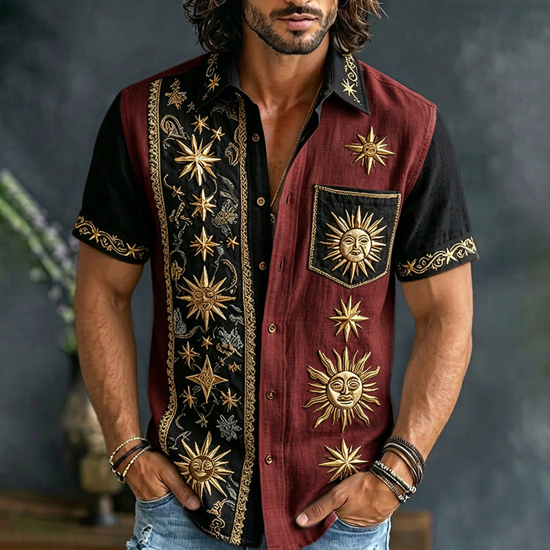 Cardydony Men's Retro Sun And Star Printed Short Sleeve Shirt