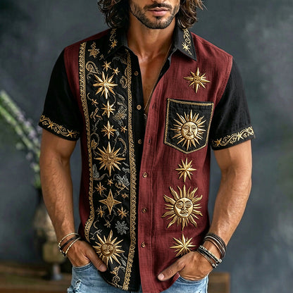 Cardydony Men's Retro Sun And Star Printed Short Sleeve Shirt