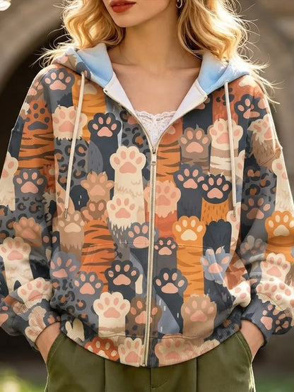 Cardydony Women's Cute Cartoon Cat Paws And Tiger Stripes Print Zip-up Hoodie