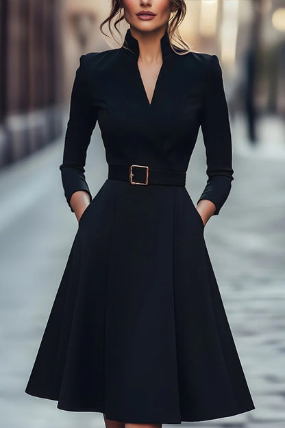 Cardydony Women's Solid Color V-neck Fitted Waist Long Sleeve Elegant Midi Dress