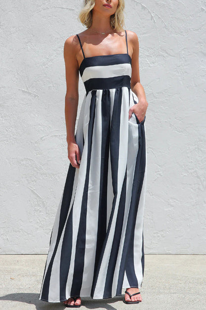 Cardydony Women's Color-blocked Striped Print Square Neck Suspender Casual Pocket Maxi Dress