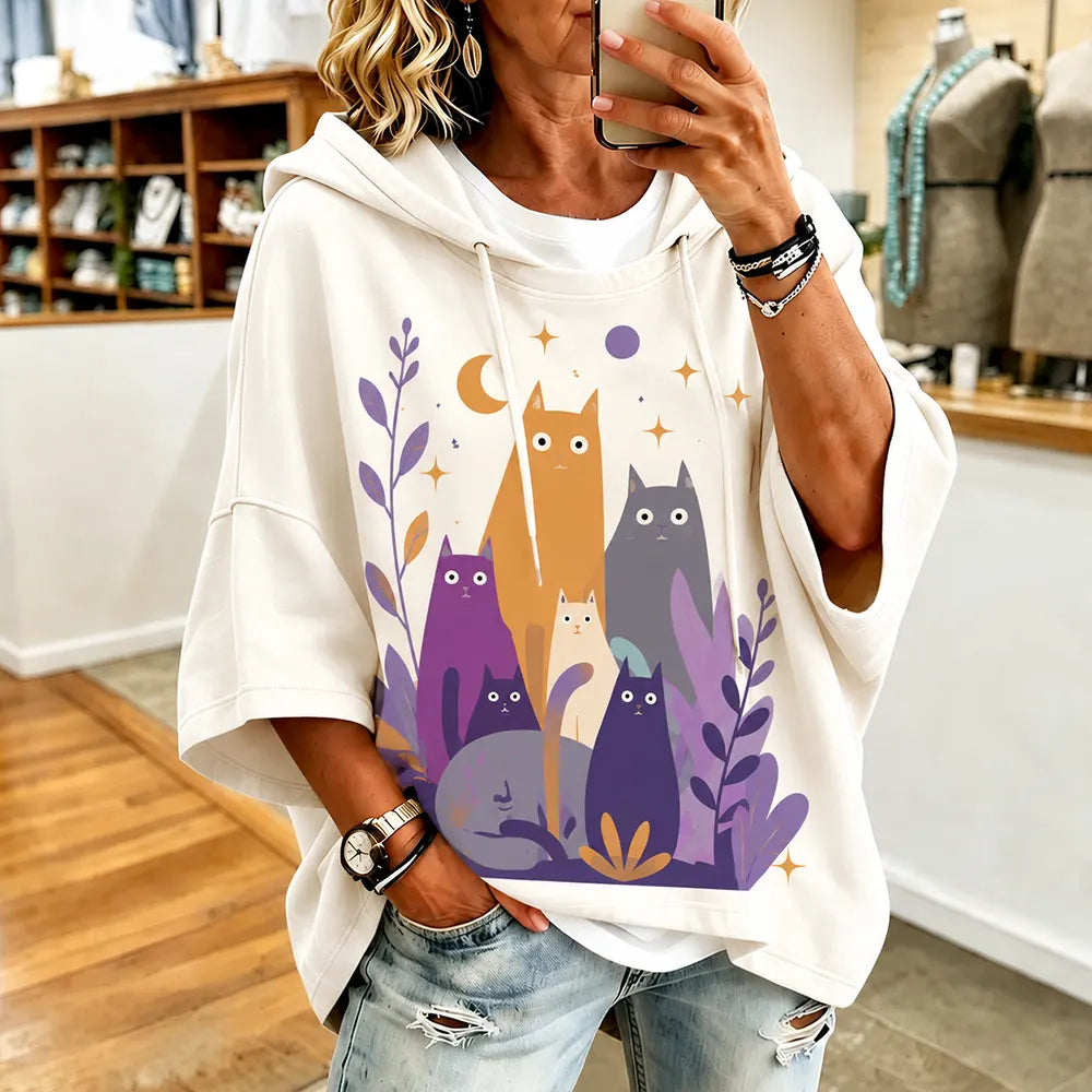 Cardydony Women's Casual Hooded Sweatshirt In Off-white With Abstract Cute Multi-color Cats And Floral Foliage Print