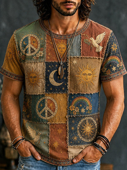 Cardydony Men's Hippie Element Geometric Patchwork Print Short Sleeve T-shirt