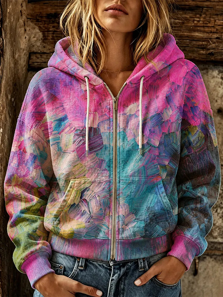 Cardydony Women's Vintage Abstract Geometric Floral Art Print Casual Cardigan Hoodie