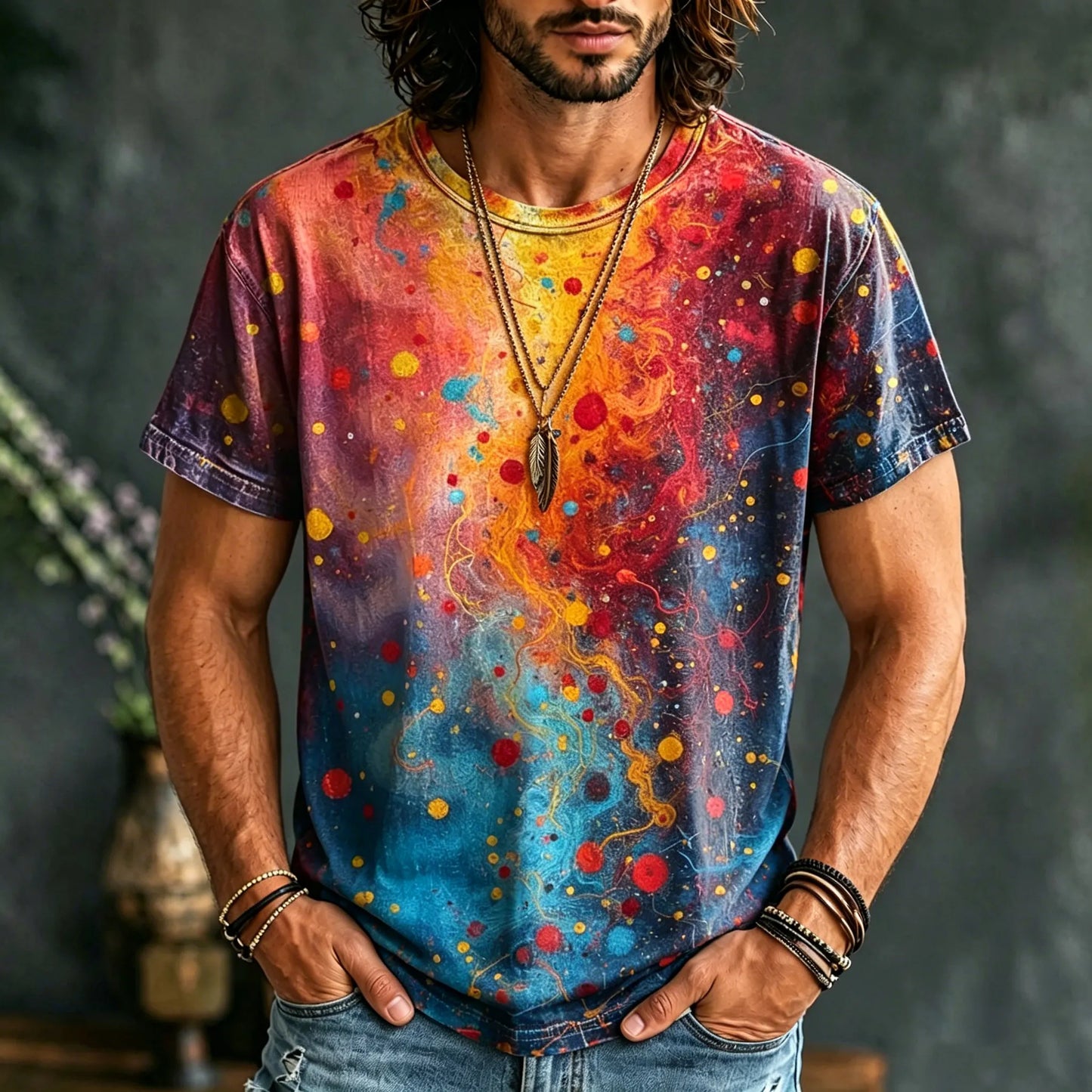 Cardydony Men's Hippie Vintage Polka Dot Tie Dye Print T-shirt