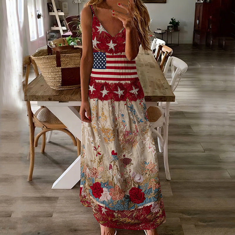 Cardydony Women's Vintage Independence Day Flag-print Maxi Dress