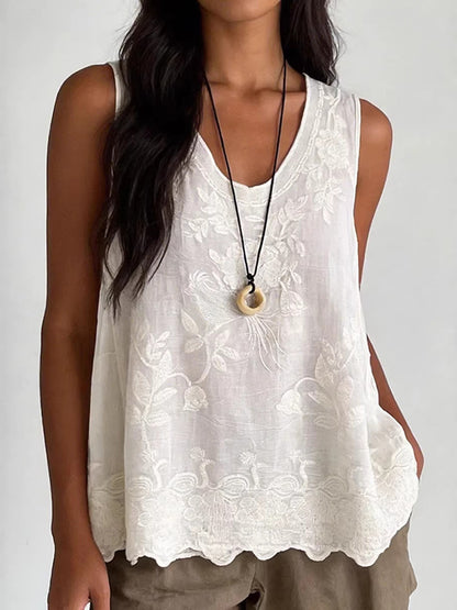 Cardydony Women's Vintage Lace Sleeveless Cotton-linen Vest