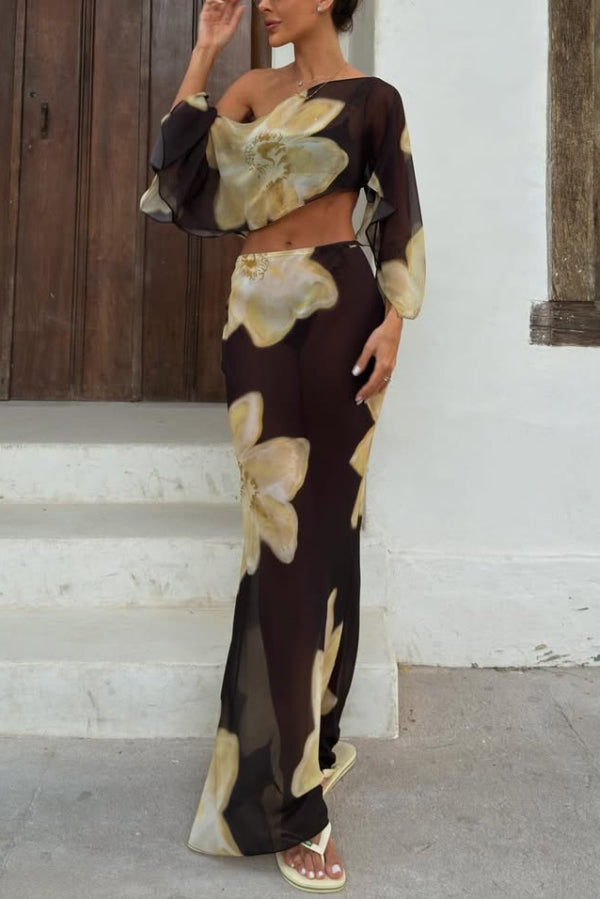 Cardydony Women's Floral Print Off-shoulder Long-sleeved Loose Top and Elegant Drawstring Maxi Skirt Set
