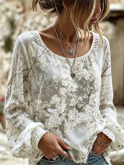 Cardydony Women's Vintage White Floral Print Casual Cotton And Linen Long-sleeved Top