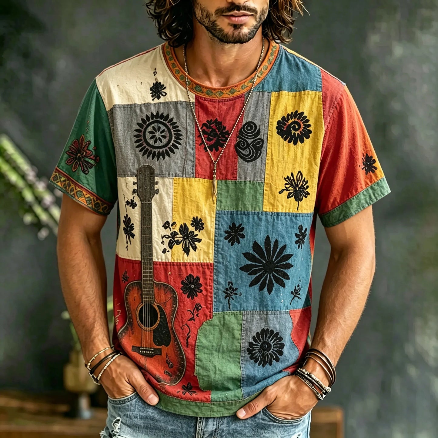 Cardydony Men's Retro Hippie Patchwork Guitar Print T-shirt