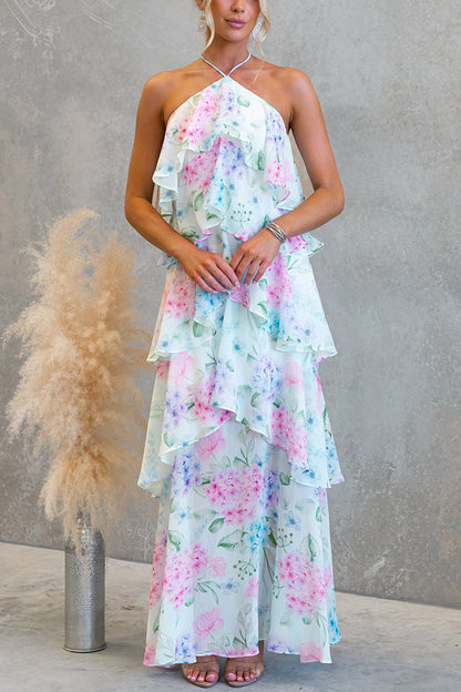 Cardydony Women's Poetic Eden Chiffon Floral Print Tiered Ruffles Halter A-line Maxi Dress
