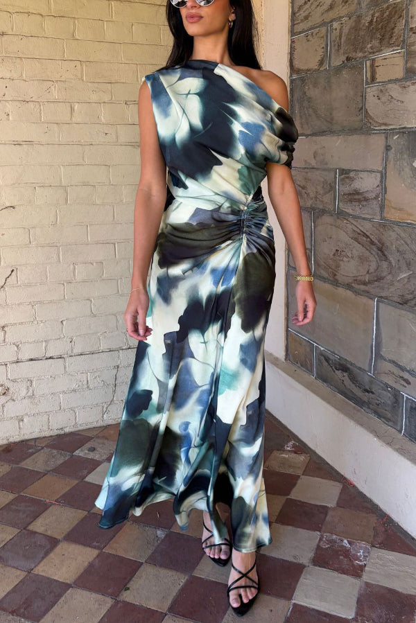 Cardydony Women's Unique Print Asymmetrical Off-Shoulder Pleated Waist Casual Maxi Dress