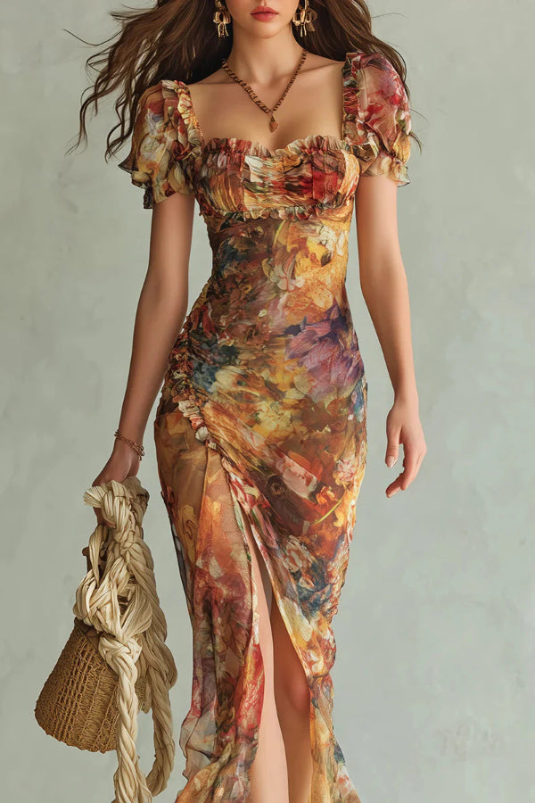 Cardydony Women's  Floral Print Short-sleeved Square Neck Ruffled Elegant Slit Maxi Dress