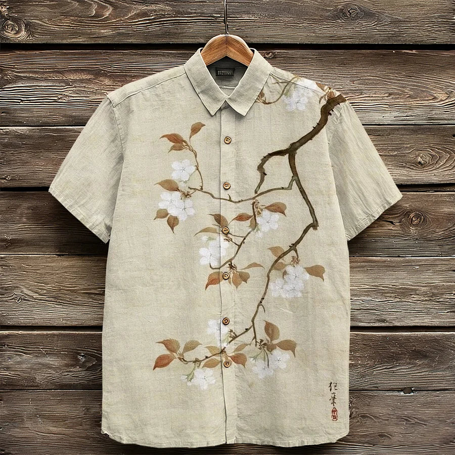 Cardydony Retro Japanese Cherry Blossom Art Linen Shirt