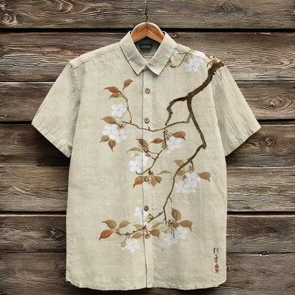 Cardydony Retro Japanese Cherry Blossom Art Linen Shirt