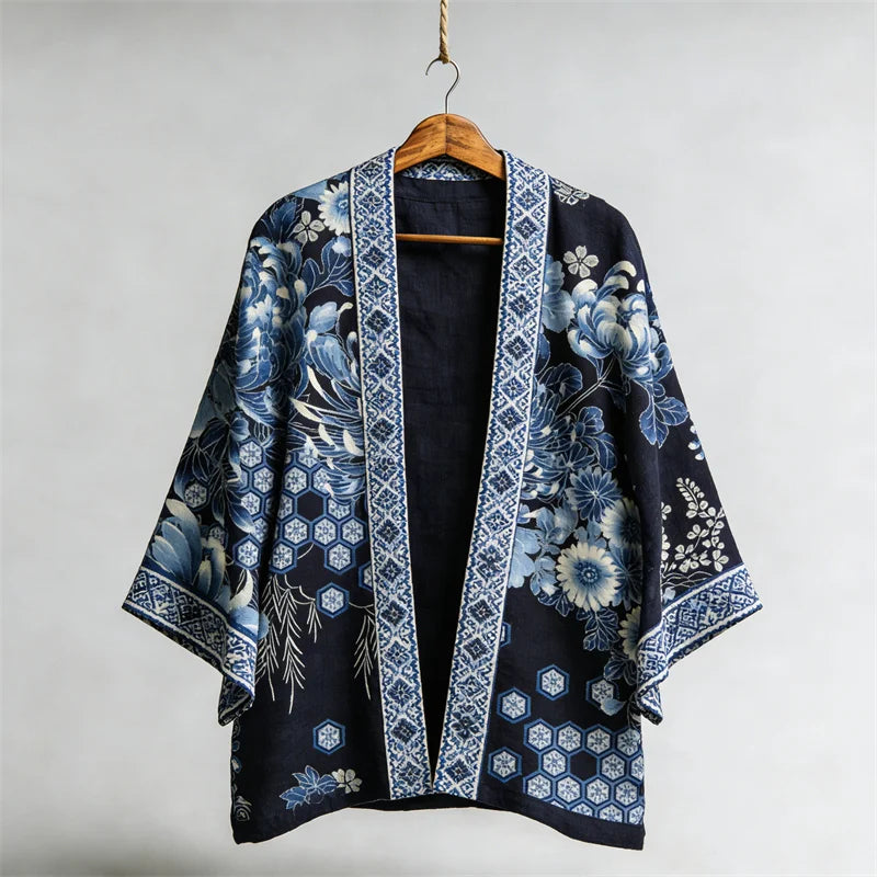 Cardydony Japanese Chrysanthemum Floral Art Linen Kimono