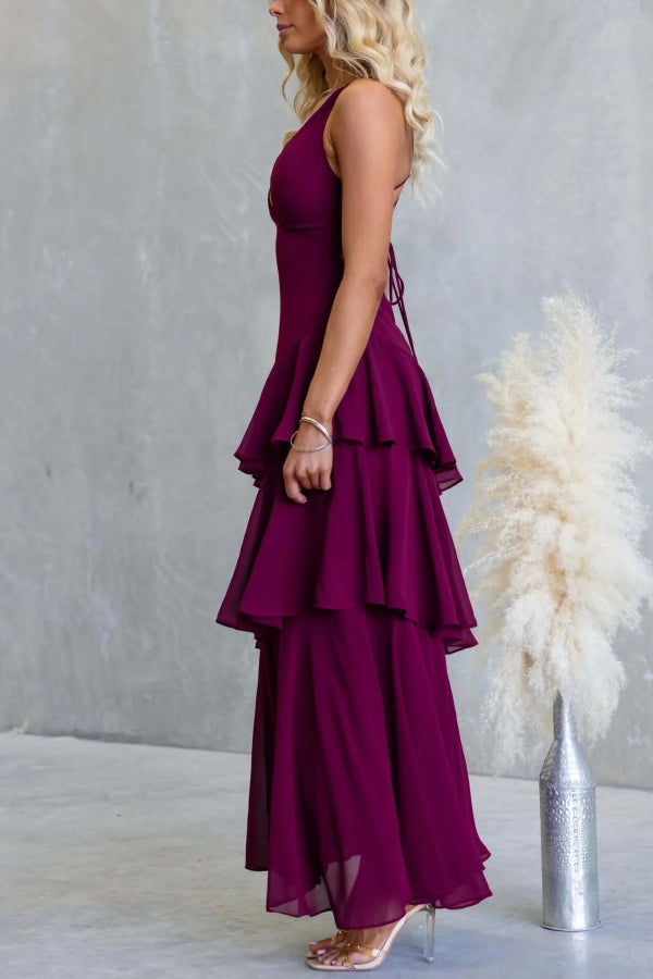Cardydony Women's Solid Color V-neck Sleeveless Elegant Layered Maxi Dress