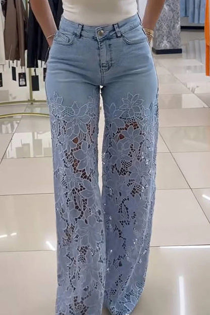 Cardydony Women's Fashion Hollow Lace Stitching Casual Pocket Denim Wide-leg Pants