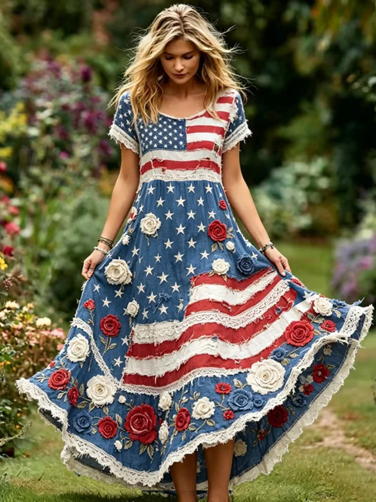 Cardydony Women's Independence Day Anniversary Floral Art Comfortable Linen Short Sleeve Dress