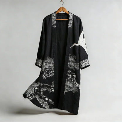 Cardydony Japanese Crane & Pine Trees Art Flowy Long Linen Kimono