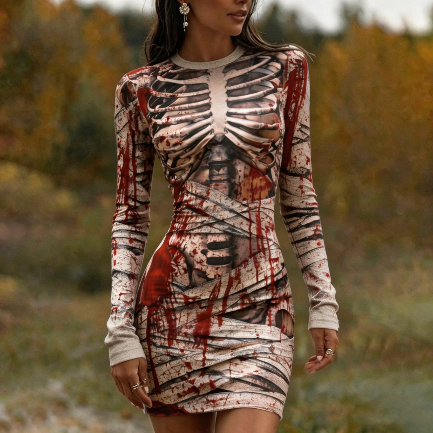 Cardydony Women's Halloween Skull Mummy Long-sleeved Bloodstained Print V-neck Gothic Horror Party Dress