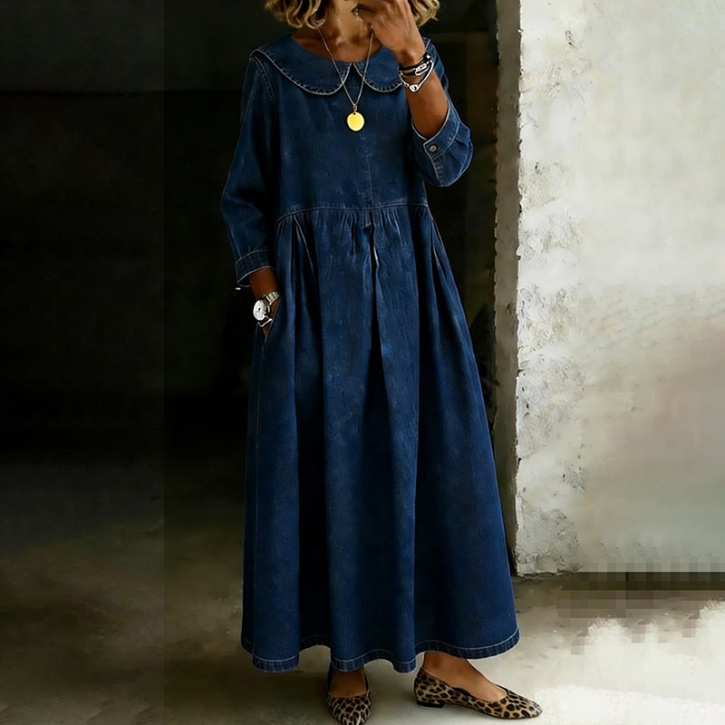Cardydony Women's Retro Peter Pan Collar Washed Denim Midi Dress