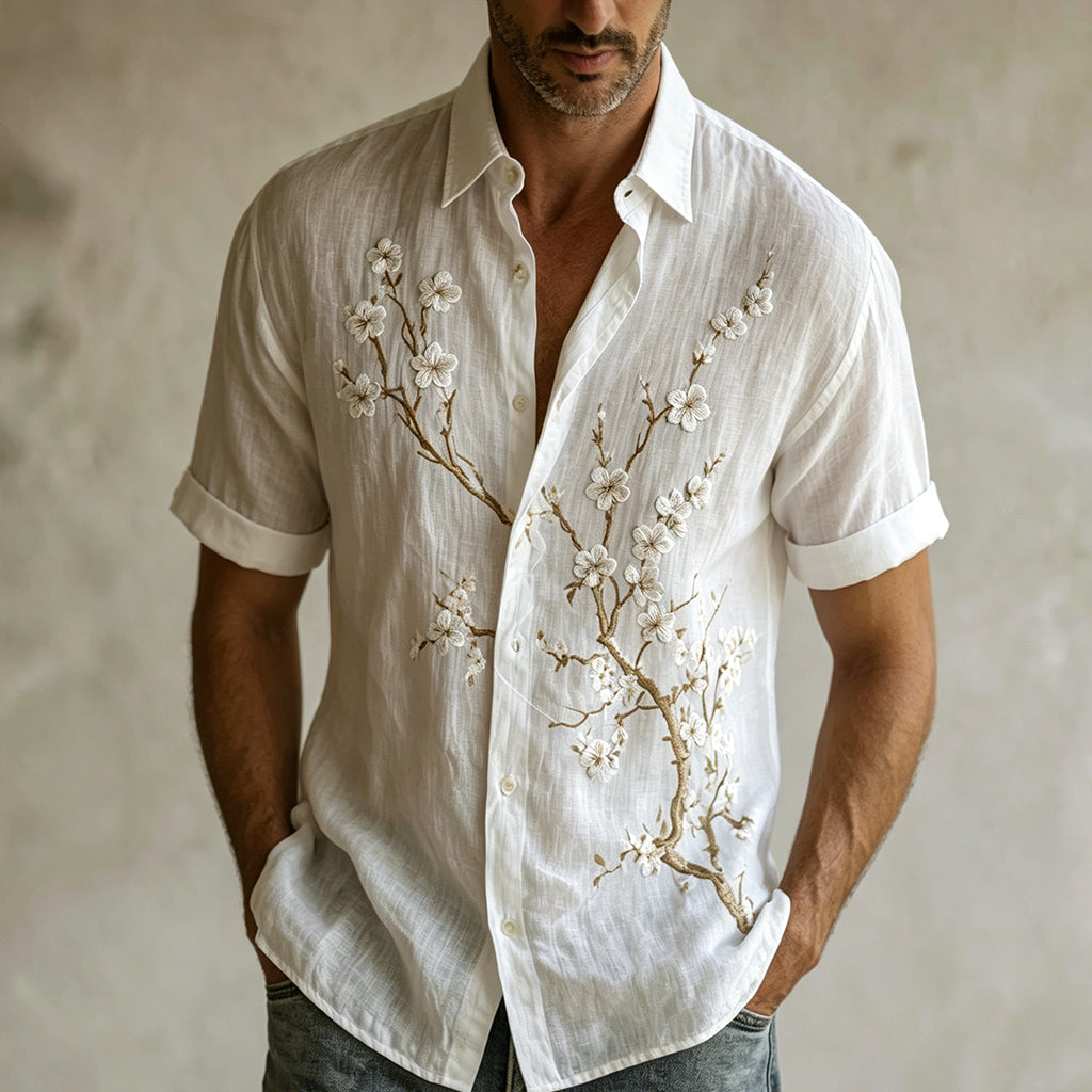Cardydony Men's Retro Japanese Cherry Blossom Patchwork Pattern Casual Shirt