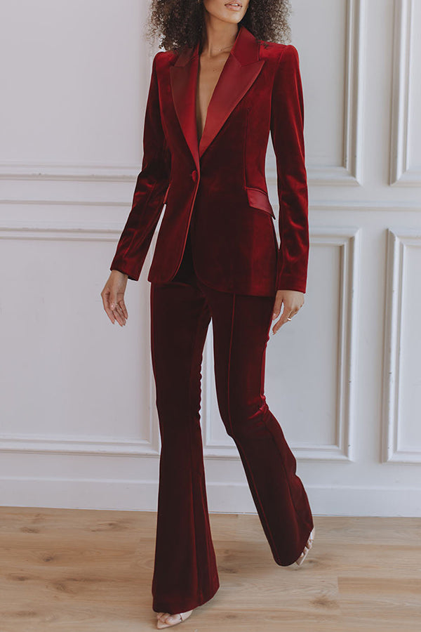 Cardydony Women's Delicate Daze Velvet Satin Lapel Button Up Long Sleeve Tapered Waist Blazer