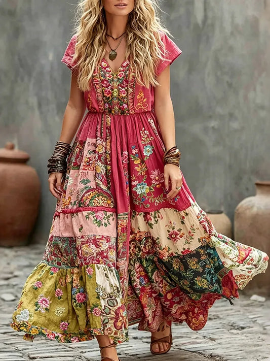 Cardydony Women's Bohemian Floral Embroidery Art Casual Linen Blend V Neck Maxi Dress