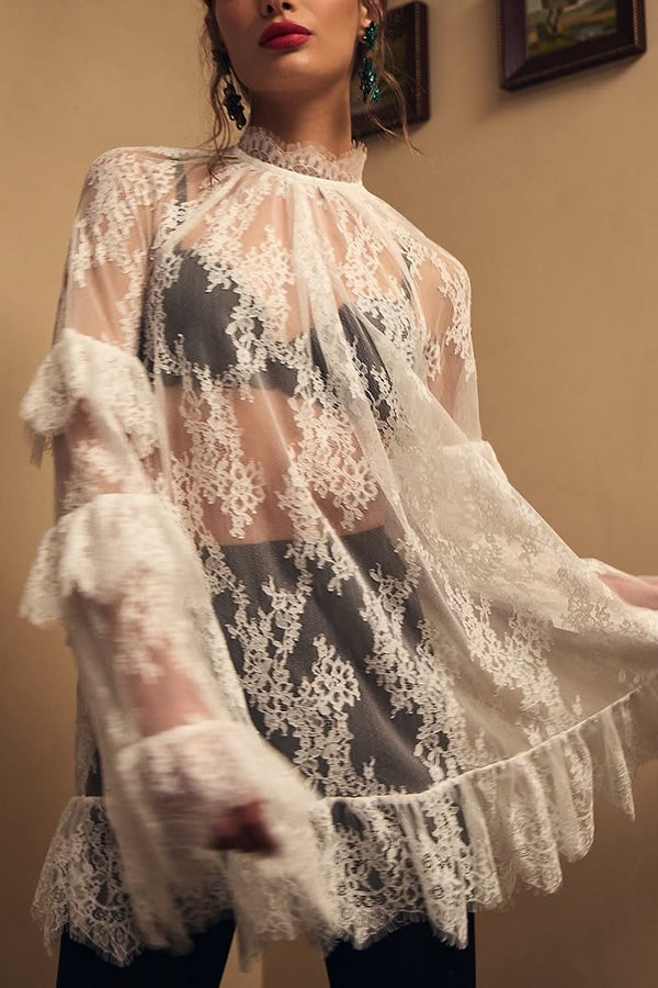 Cardydony Women's Sexy See-through Lace Loose Long-sleeved Mini Dress