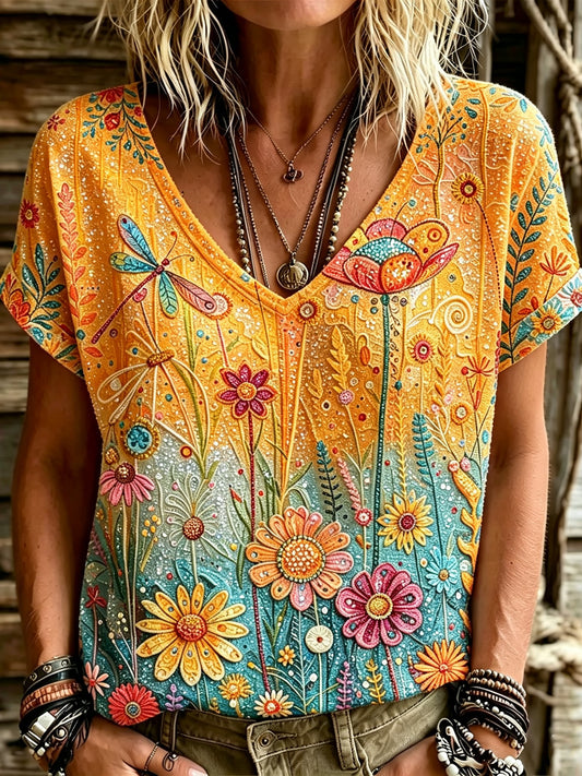 Cardydony Women's Retro Bohemian Hippie Style Floral Print Sequin V-neck Short-sleeve Top