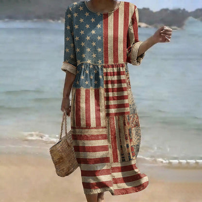 Cardydony Women's Vintage Independence Day Flag Art Print Midi Dress