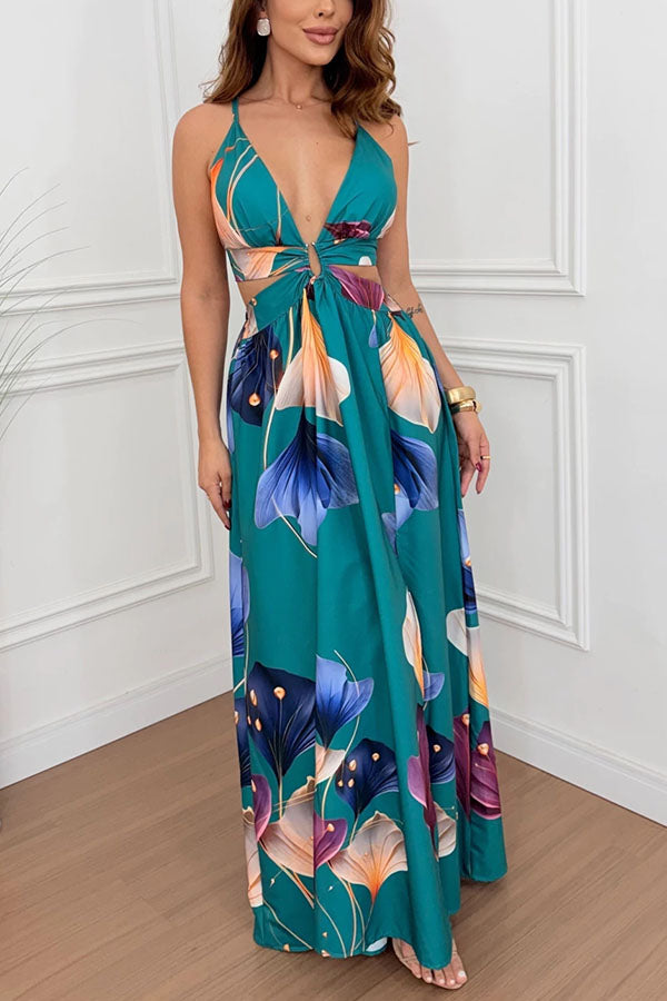 Cardydony Women's Seinah Floral Print Cutout Waist Open Back Lace-up Slit Maxi Dress