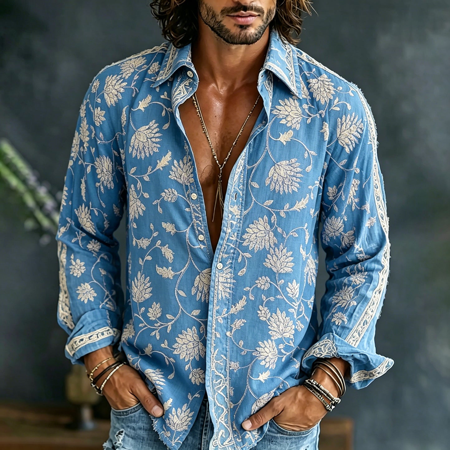 Cardydony Men's Vintage Floral Embroidered Art Print Flowy Linen Blend Casual Shirt