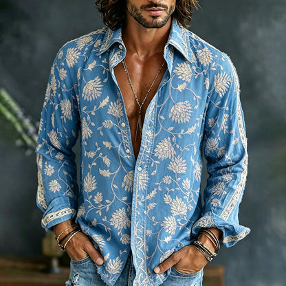 Cardydony Men's Vintage Floral Embroidered Art Print Flowy Linen Blend Casual Shirt