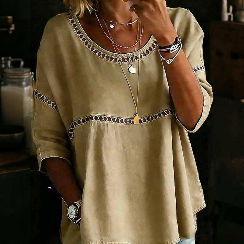 Cardydony Casual Hollowed-out Lace Patchwork Round Neck Top