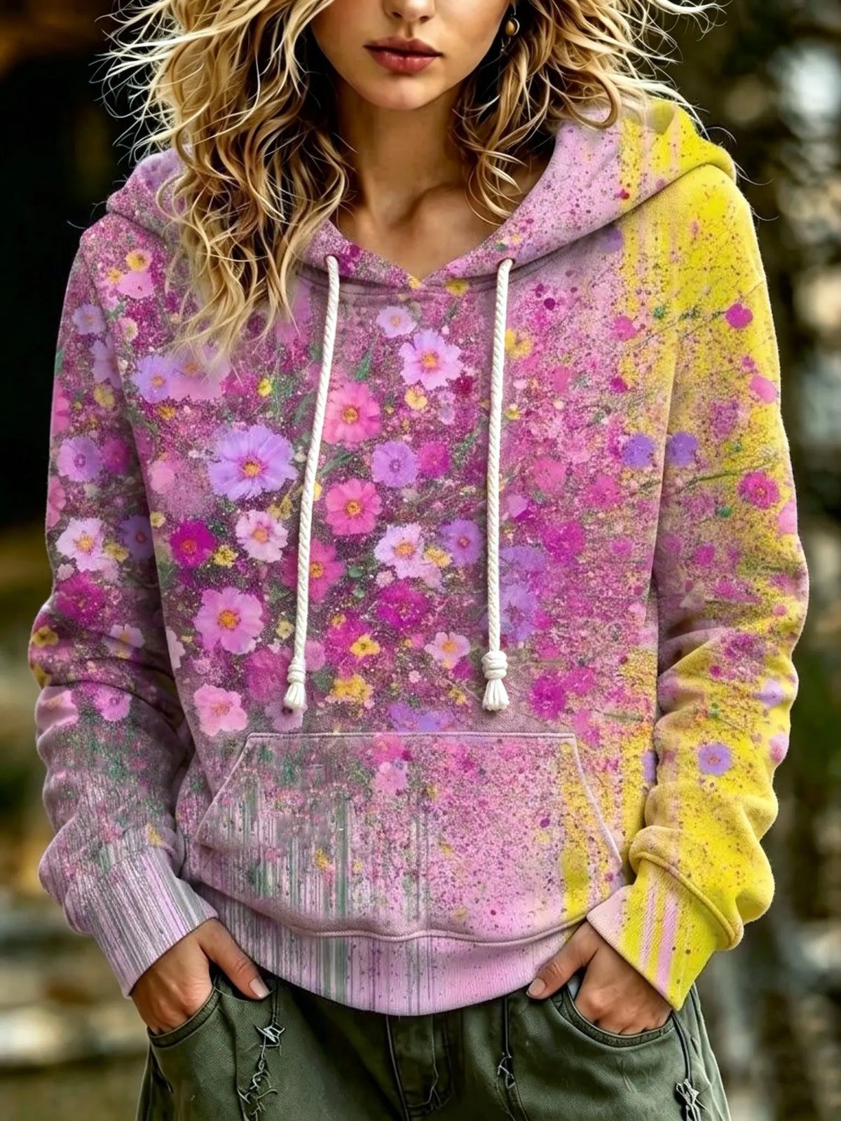 Cardydony Women's Retro Bohemian Floral Print Gradient Hooded Sweatshirt