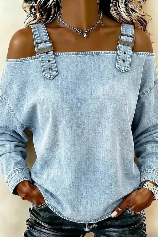 Cardydony Women's  Fashionable Faux Denim Off-shoulder Long-sleeved Loose Top