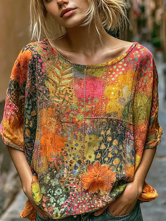 Cardydony Women's Retro Bohemian Floral Pattern Casual T-shirt