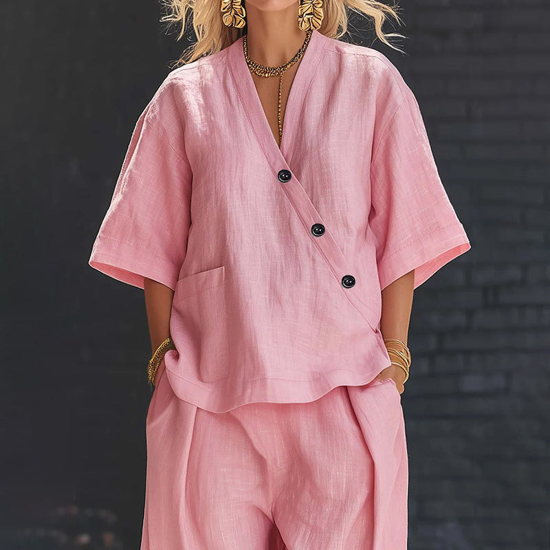 Cardydony Casual Solid Color V-neck Loose Short-sleeved Top And Trousers Two-piece Set