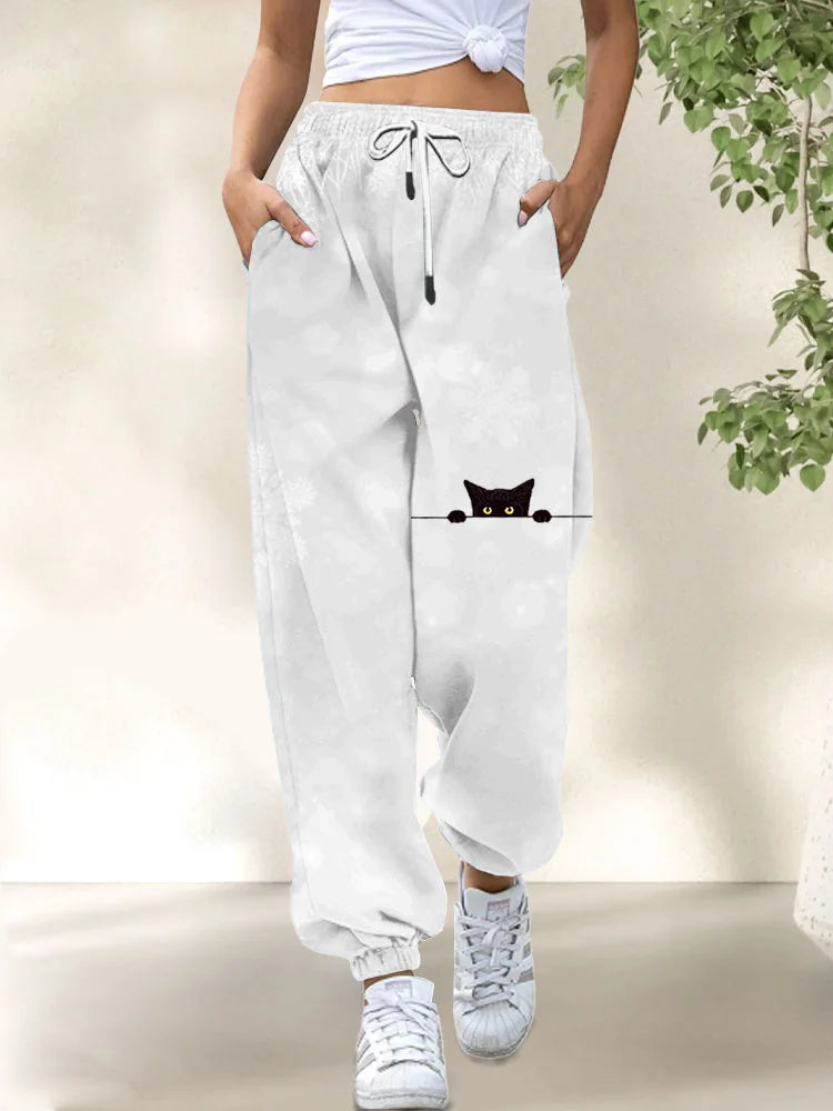 Cardydony Women's Casual Funny Black Cat Print Pants