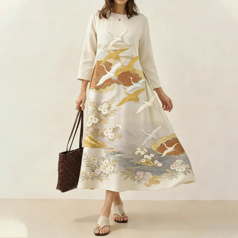 Cardydony Japanese Retro Floral With Crane Print Art Comfy Maxi Dress