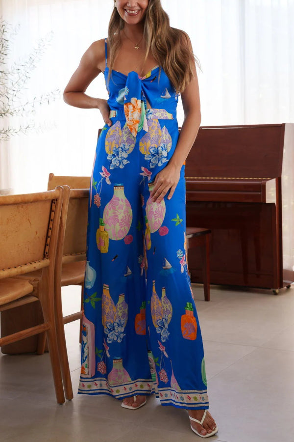 Cardydony Women's Unique Printed Sleeveless Spaghetti Strap Casual Vacation Loose Wide-Leg Jumpsuit