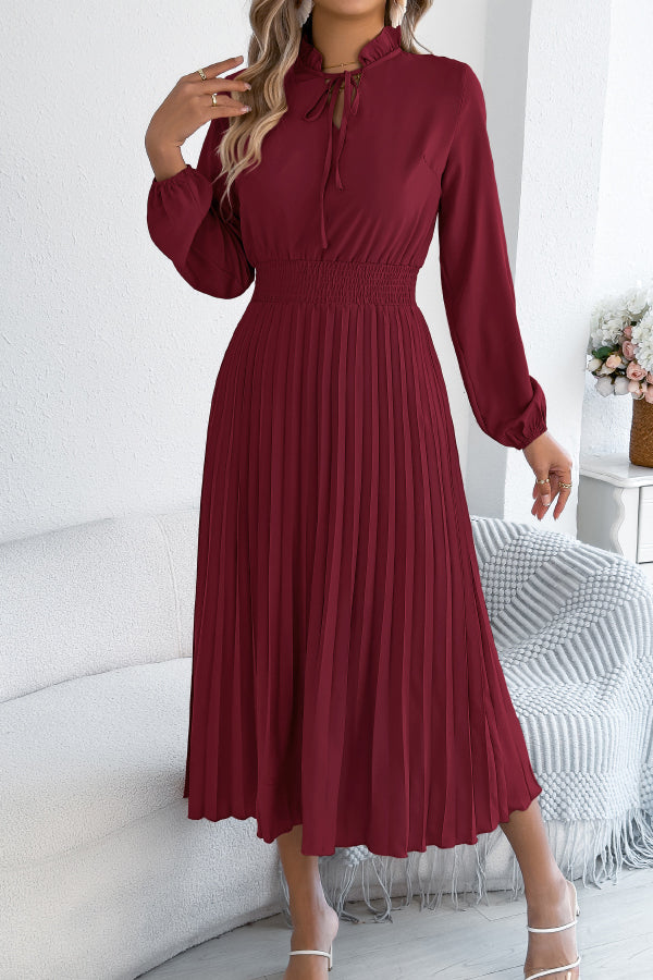 Cardydony Women's Solid Color Long-sleeved Fitted Waist Pleated Elegant Midi Dress