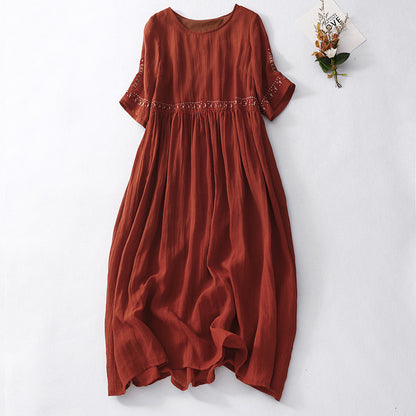 Cardydony Women's Solid Color Embroidery Linen Ramie Dress